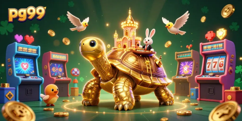 pg99 casino adventure featuring a giant tortoise with a mini casino shell, showcasing vibrant gaming elements.