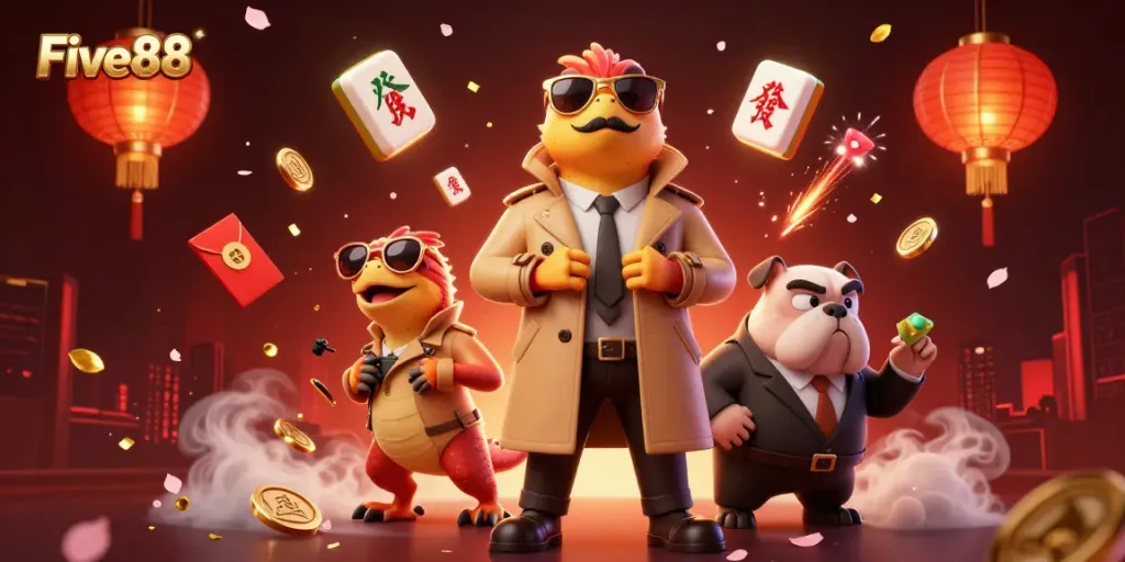 Experience thrilling gaming adventures at Five88 with unique characters in a vibrant casino setting.