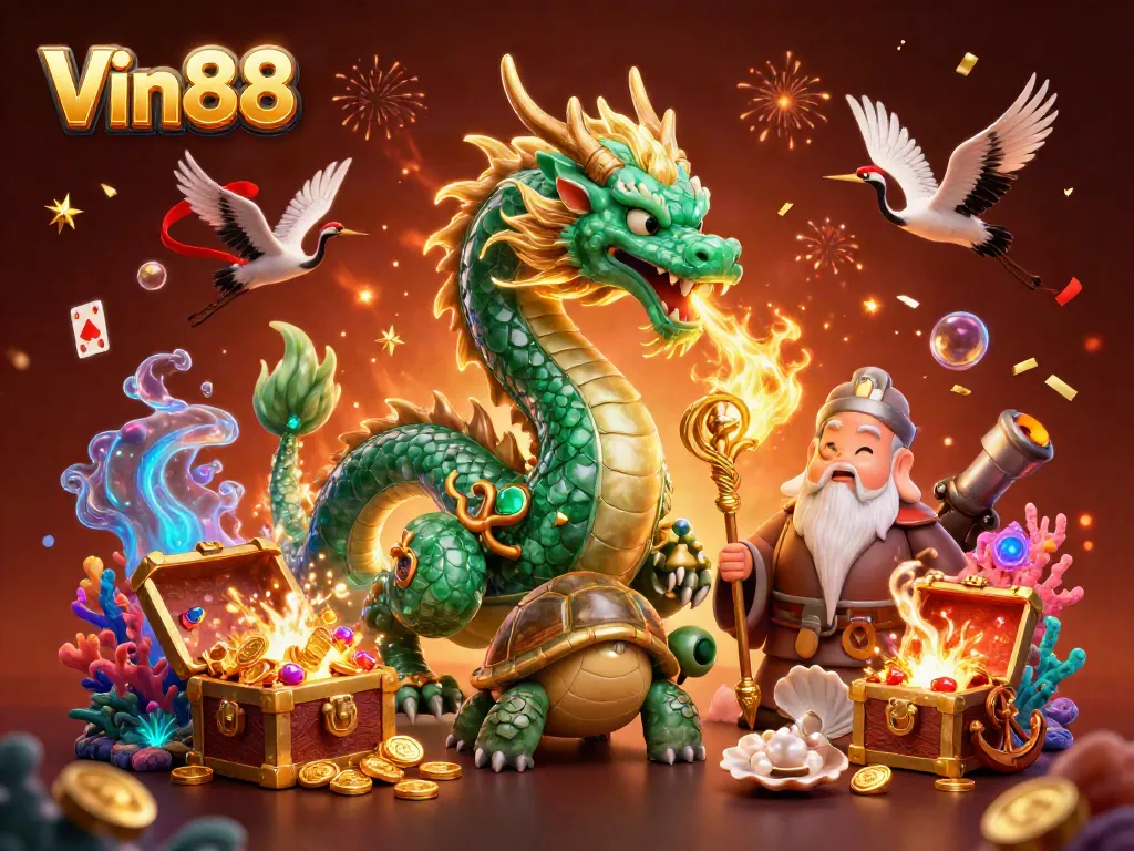 Engage in thrilling gaming at Vin88 with vibrant dragons, magical creatures, and rich casino elements.