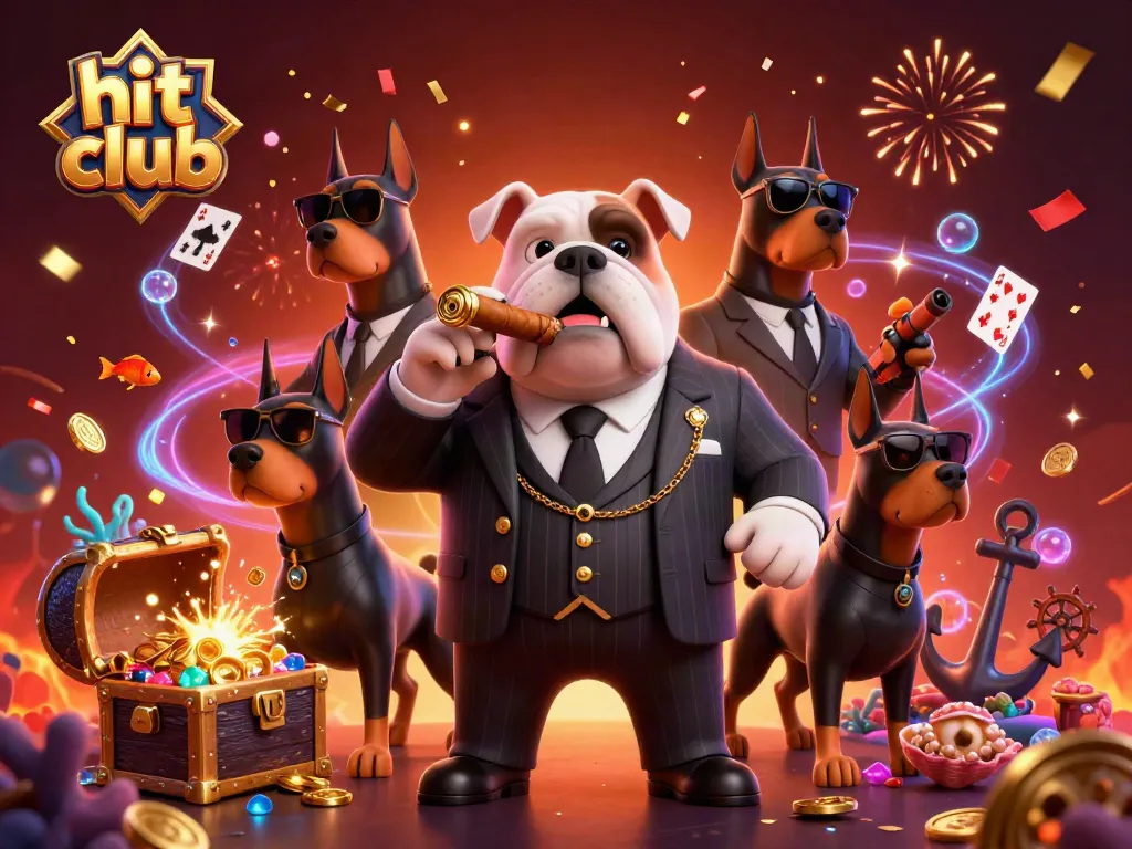 Join the excitement at hit club with a mafia bulldog and Dobermans amidst treasure and confetti.