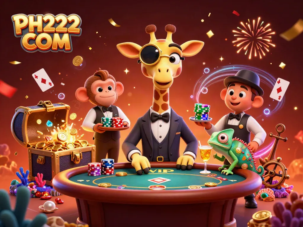 Experience the thrill of gaming at PH222 COM with a vibrant 3D illustration of a giraffe, monkey, and chameleon in a dynamic casino scene.