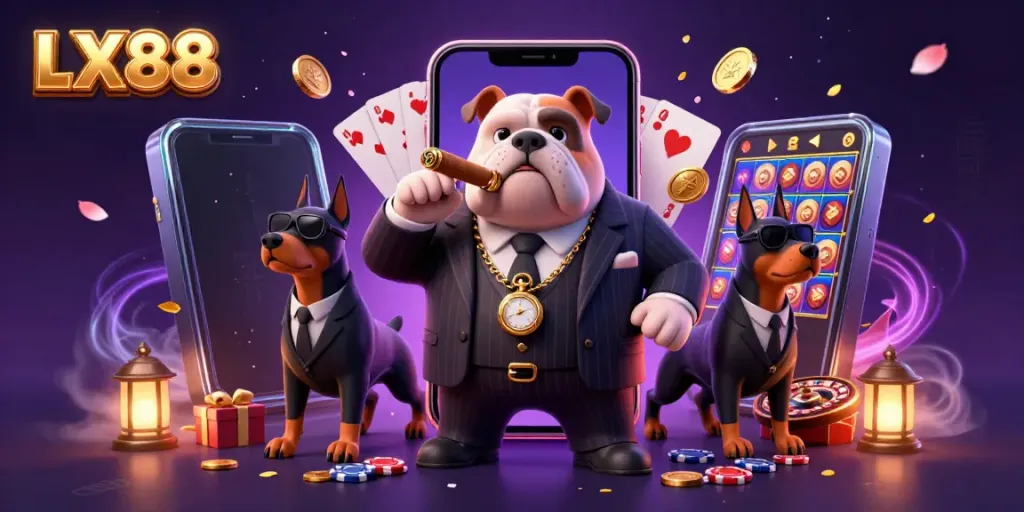 LX88 engages viewers with a vibrant casino scene featuring a mafia bulldog and dynamic gaming elements.