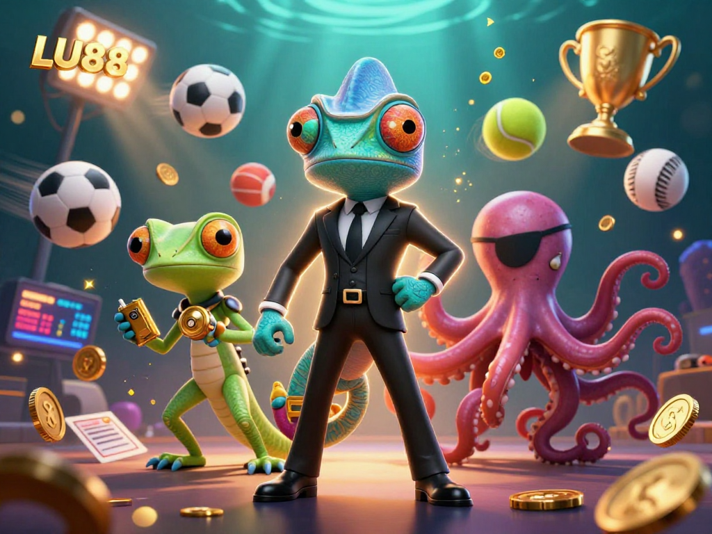 LU88 showcases sports betting excitement with a vibrant 3D illustration featuring a secret agent chameleon.