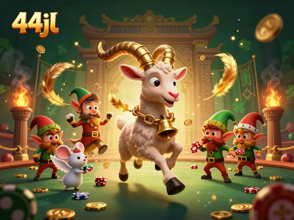 Experience gaming thrills with 44jl in a festive, chaotic casino scene featuring characters and gambling elements.