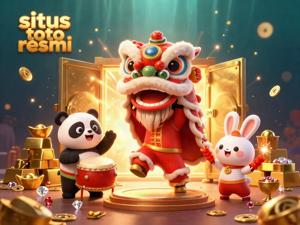 Situs toto resmi creates a vibrant casino atmosphere with a lion dance and treasure in a dynamic 3D scene