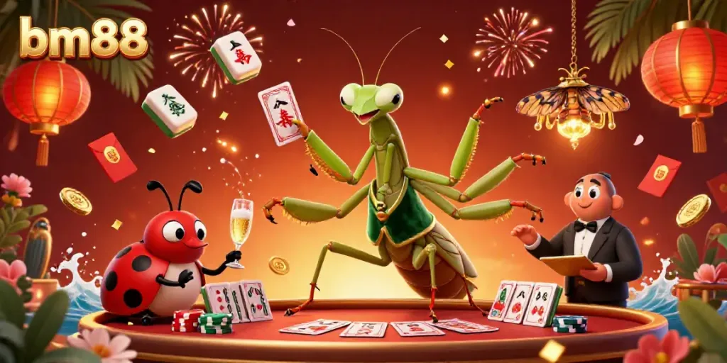 A giant praying mantis and ladybug pit boss engage in dynamic casino activities at bm88, showcasing vibrant gambling elements.