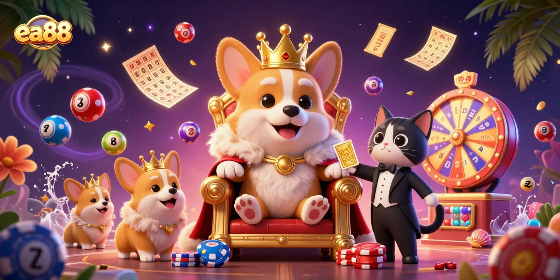 ea88 showcases a royal corgi on a poker throne amidst lively lottery balls and casino elements
