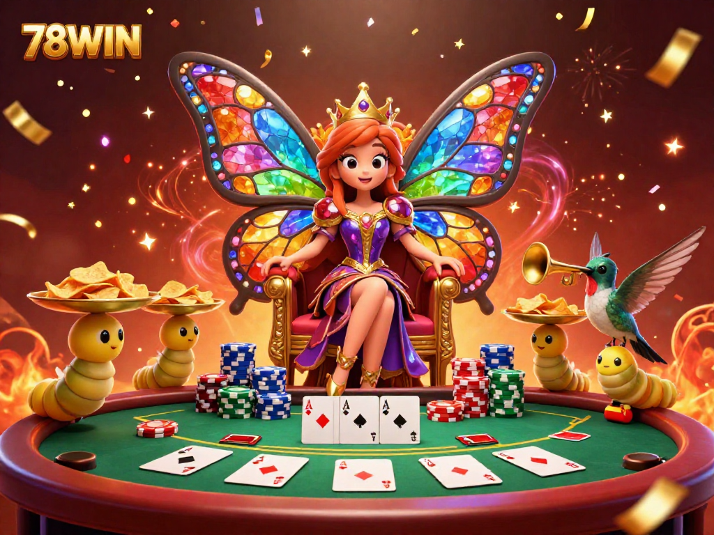 Experience the excitement of 78WIN with vibrant casino gaming, showcasing a butterfly queen and colorful poker elements.