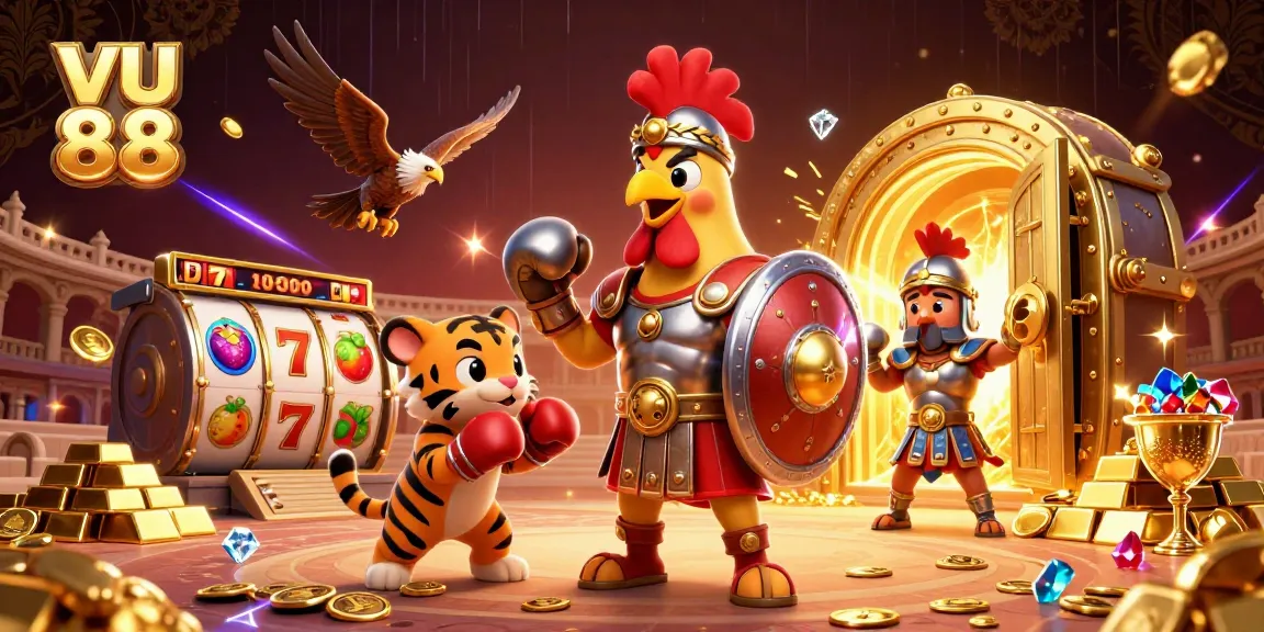 Engage with vu 88 featuring a gladiator rooster in a vibrant gambling scene with treasure and slot reels.
