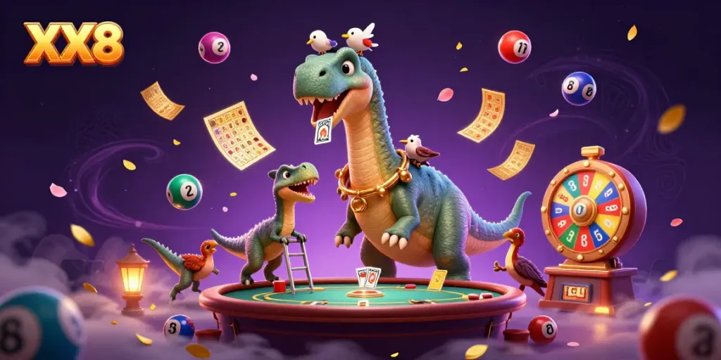 Experience exhilarating gameplay at XX8 with a whimsical 3D animated scene showcasing lively casino elements.