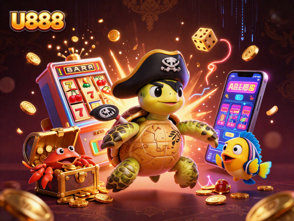 Experience thrilling jackpots at U888 with a vibrant underwater casino illustration featuring unique characters.