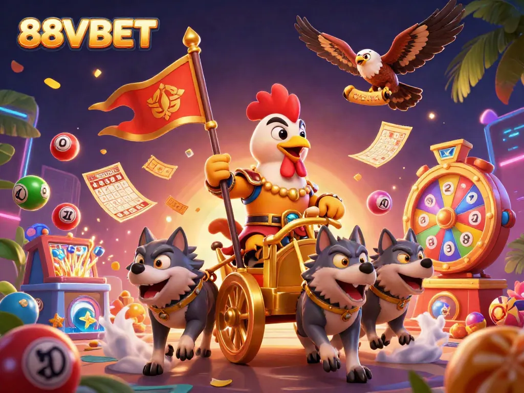 Experience thrilling gameplay with 88VBET as a rooster warlord commands a vibrant, festive scene.