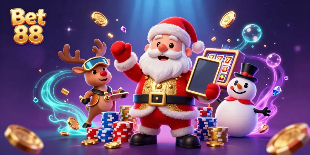 Spin to win at Bet 88 with Santa and friends in this lively casino scene.