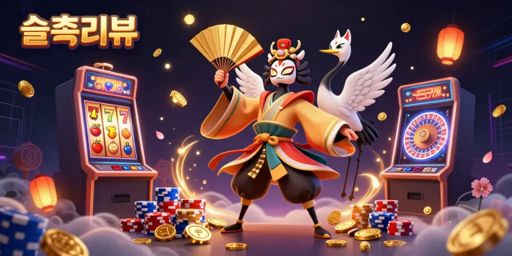 Engage with the vibrant 슬롯리뷰 casino scene featuring dynamic slot reels and festive characters.