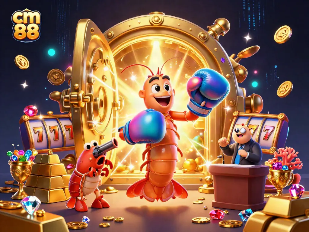 Spin to win with cm 88 as vibrant shrimp characters celebrate in a treasure-filled casino