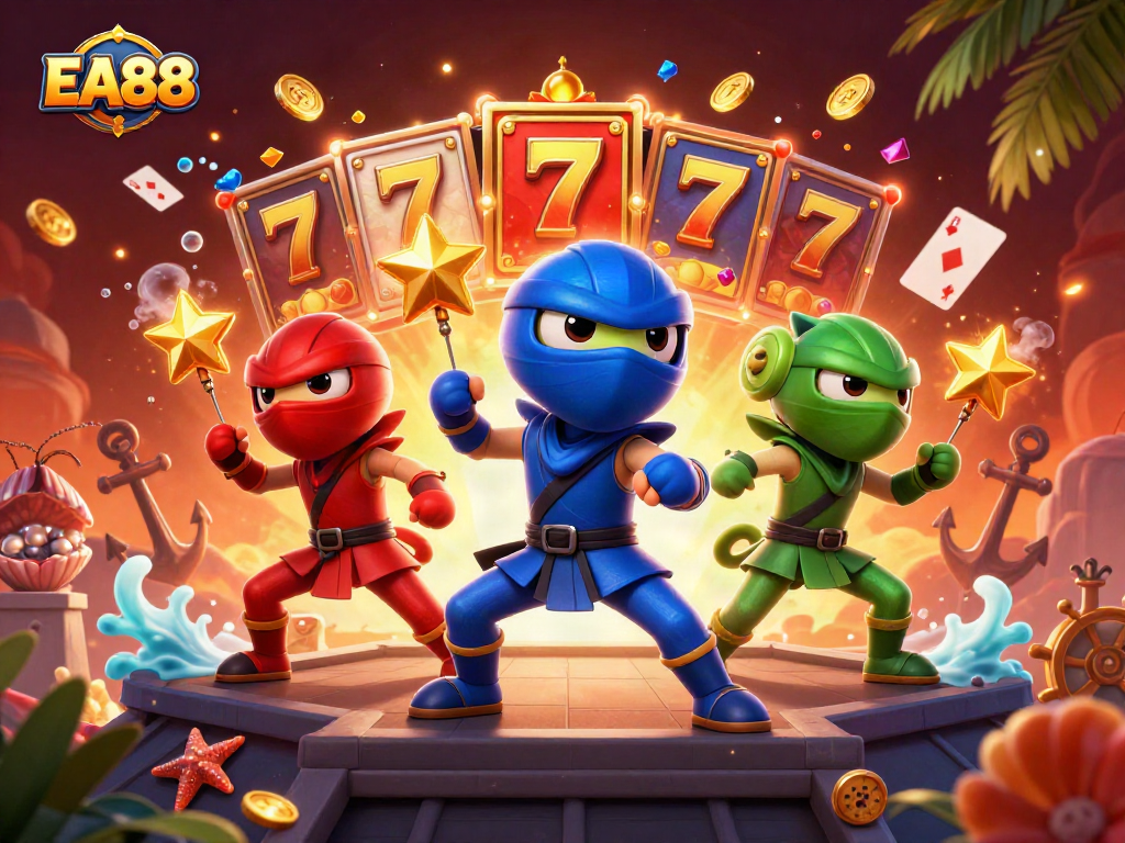 Experience EA88 action with ninja chameleons and vibrant casino elements in a dynamic scene.