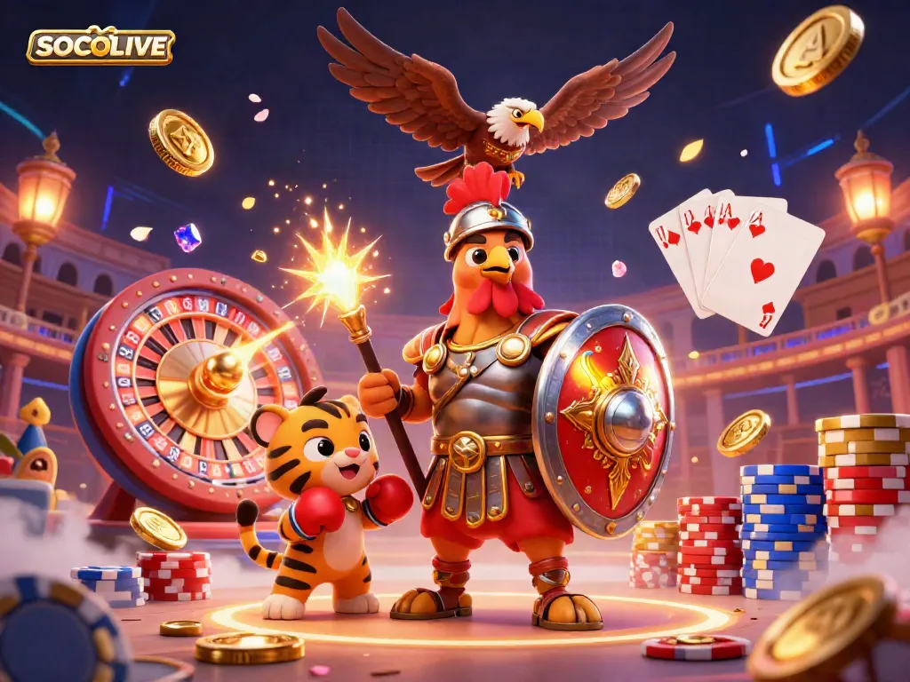 SOCOLIVE brings exciting live sports betting action in a dynamic arena, with a rooster, tiger cub, and eagle amidst coins and casino games.