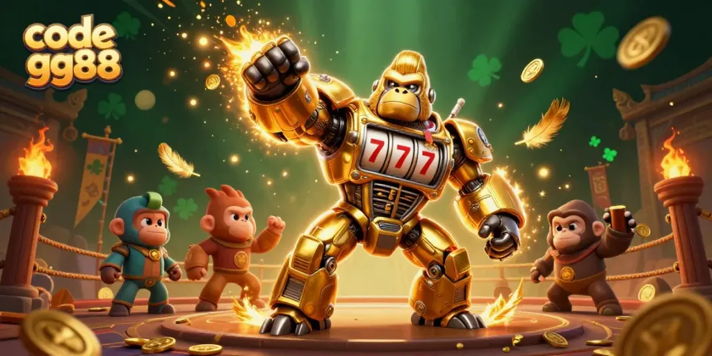 Play with the code gg88 in this vibrant 3D illustration of a golden gorilla mech celebrating casino wins amidst a dynamic casino arena.