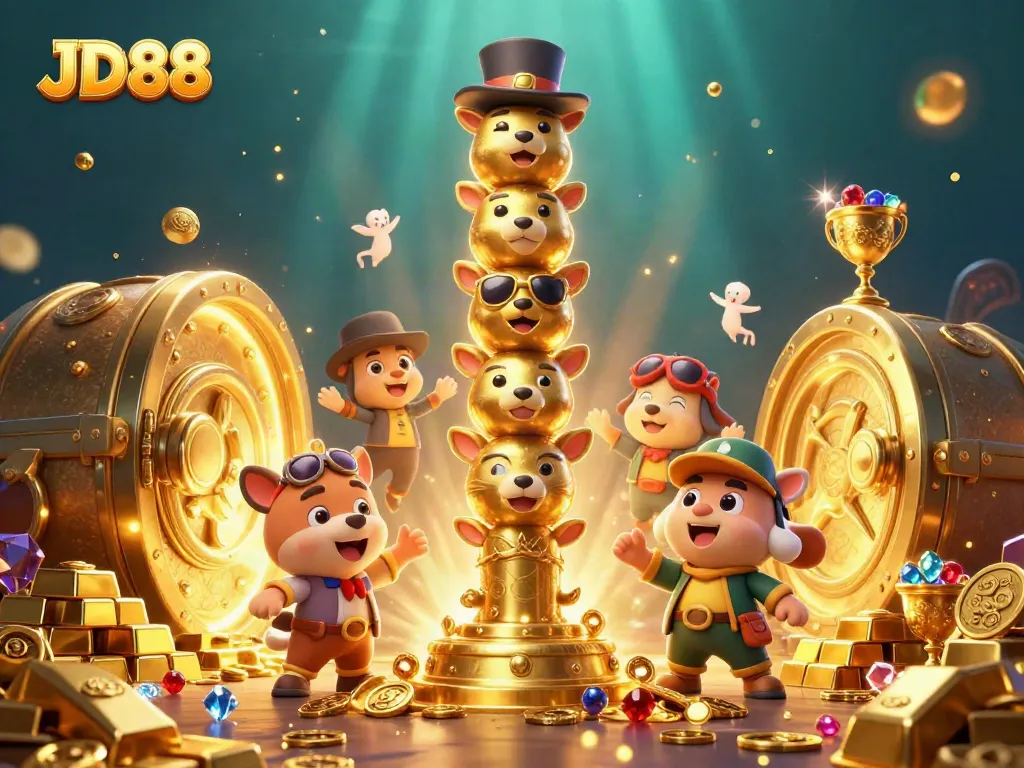 Experience thrilling wins at JD88 with vibrant casino illustrations featuring golden treasures.