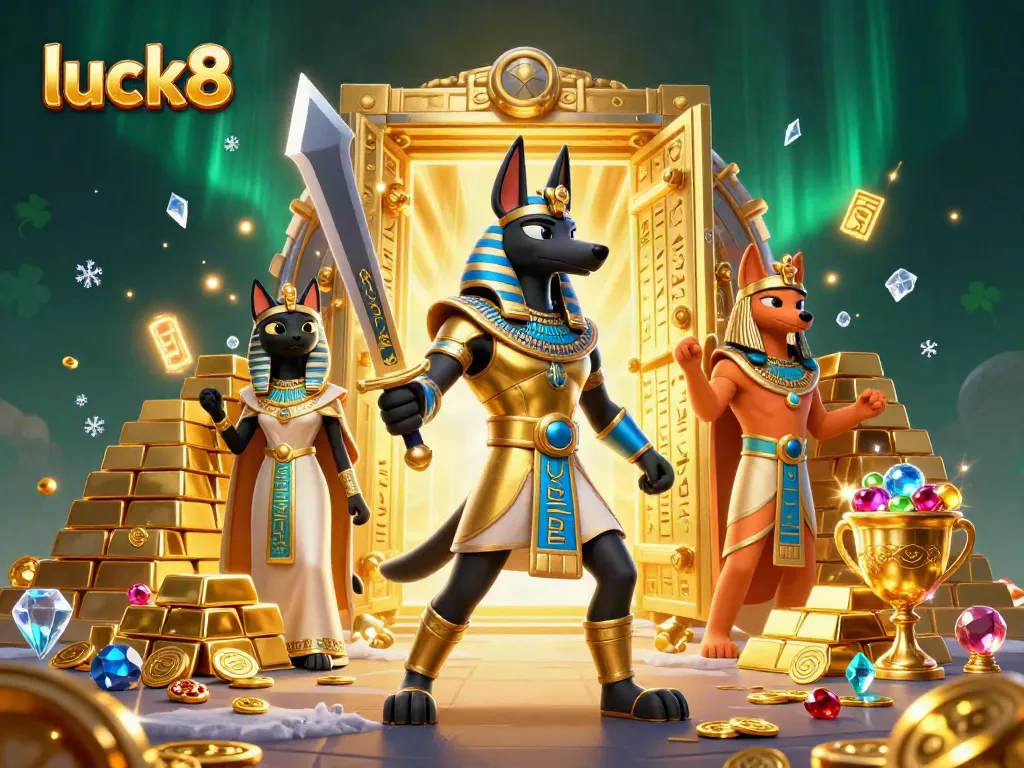Engage in thrilling gameplay with luck8's captivating ancient Egyptian-themed slot scene featuring Anubis and Bastet.
