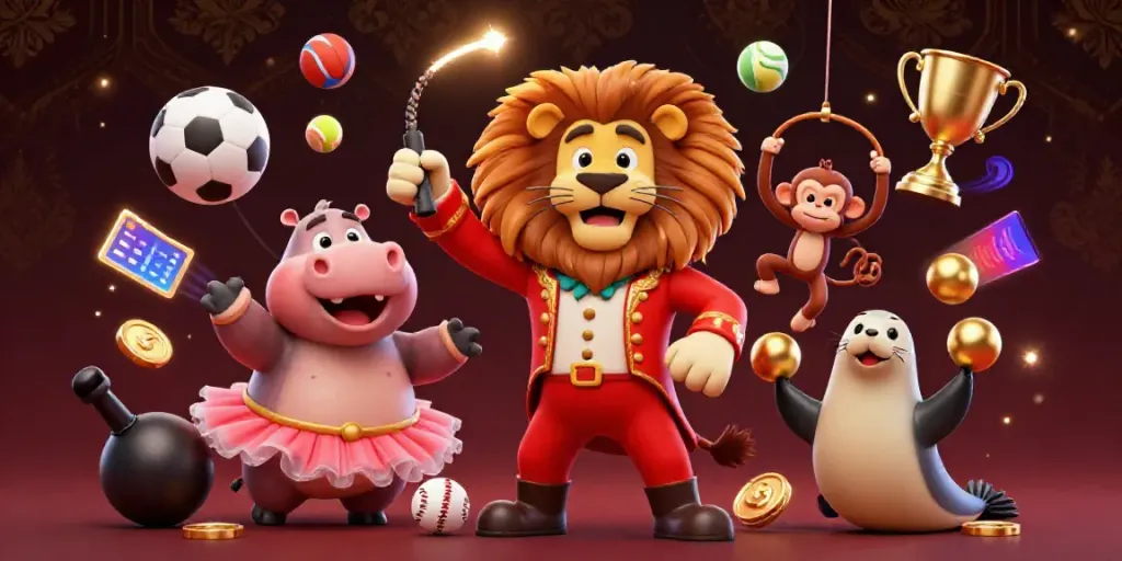 Engage in thrilling gameplay at j188 with an energetic 3D circus scene featuring a lion and dynamic sports elements.