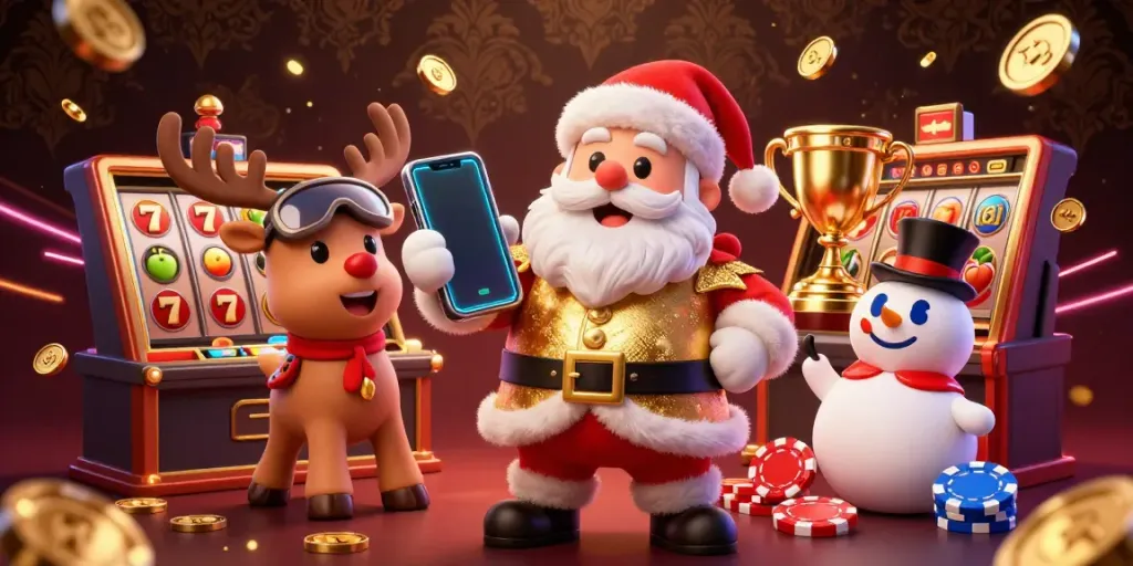 Zowin casino illustration featuring Santa with jackpot slots and festive characters for gambling excitement.