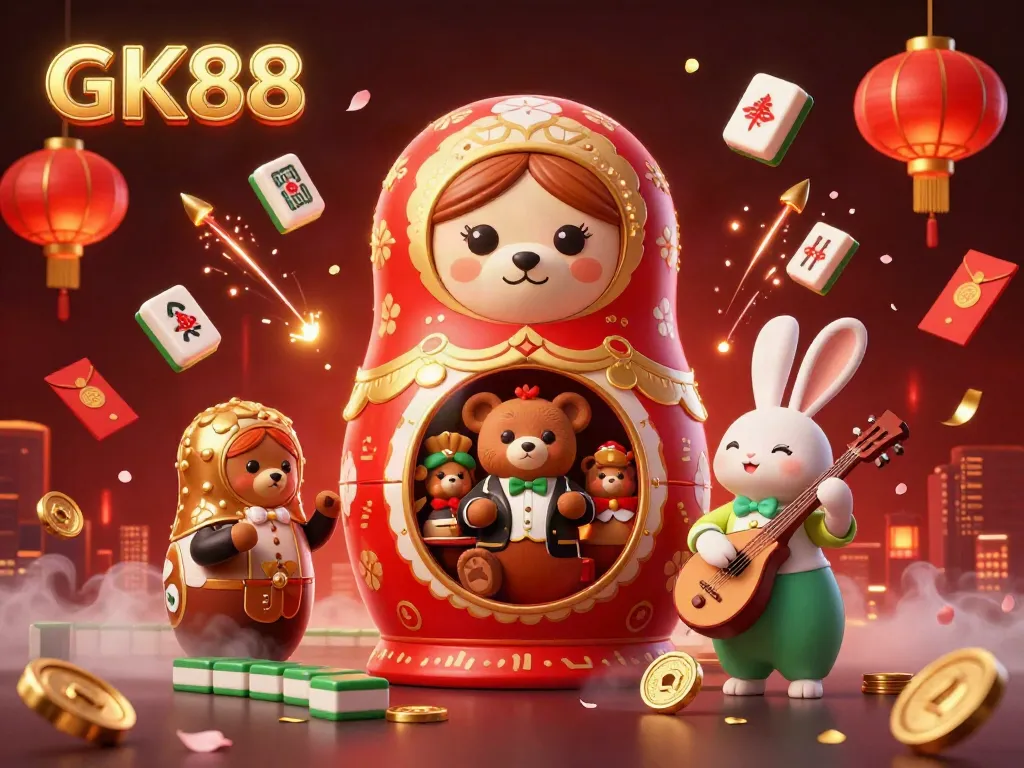 GK88 showcases a festive casino scene with animated characters and vibrant elements for an engaging gambling experience.