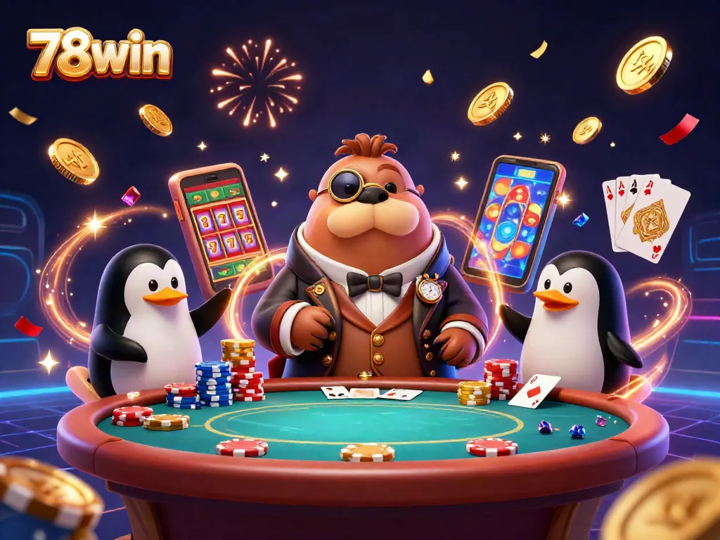 Experience lively poker action with 78win's jolly walrus and colorful characters in a vibrant casino scene.