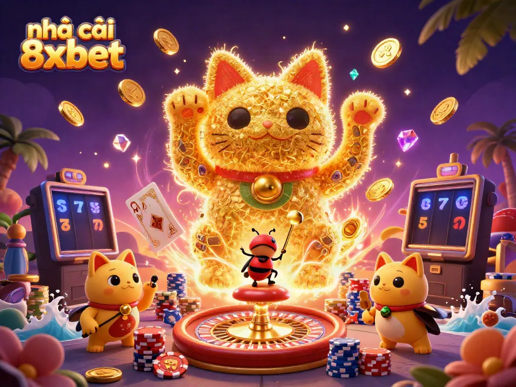 Experience the excitement of nhà cái 8xbet with a vibrant, colorful 3D casino scene filled with gaming elements.