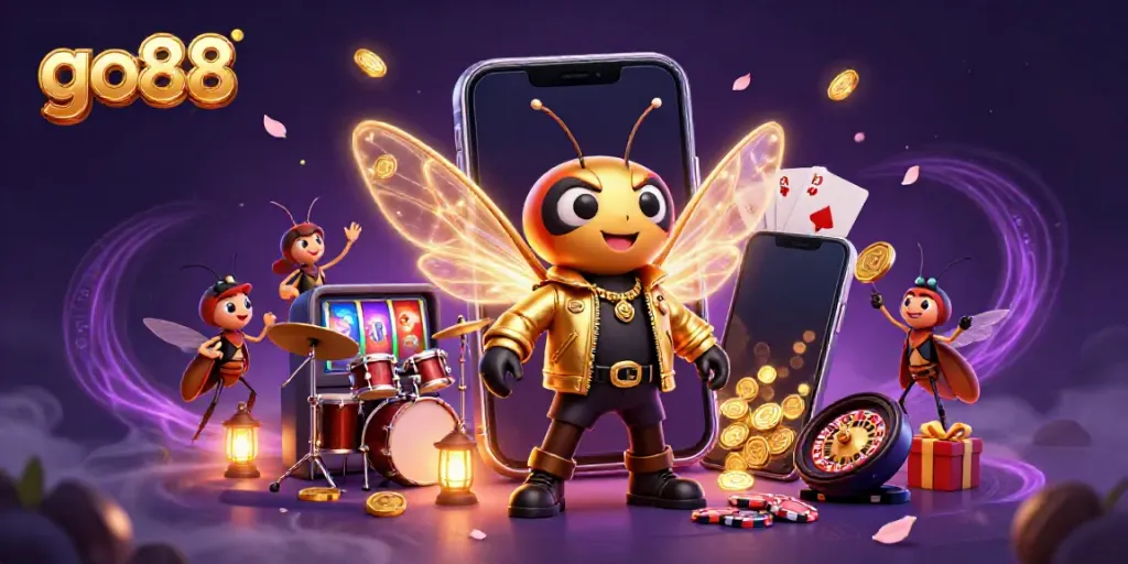 Spin slots and win at go88 with vibrant 3D casino scene featuring characters and games.