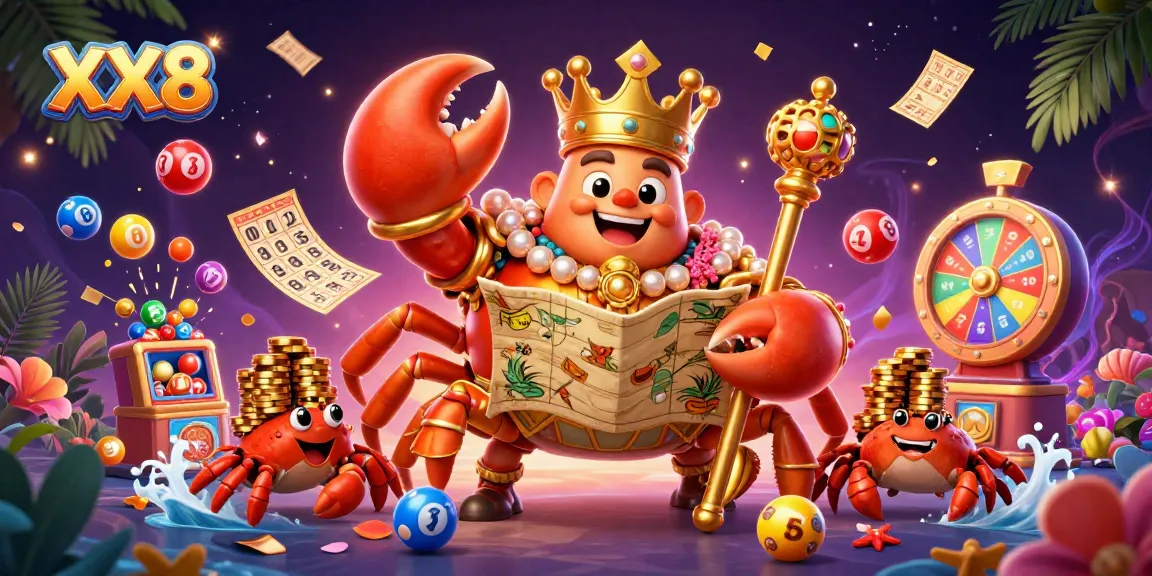 Engage with the vibrant XX8 casino scene featuring a golden crab emperor and lottery elements.