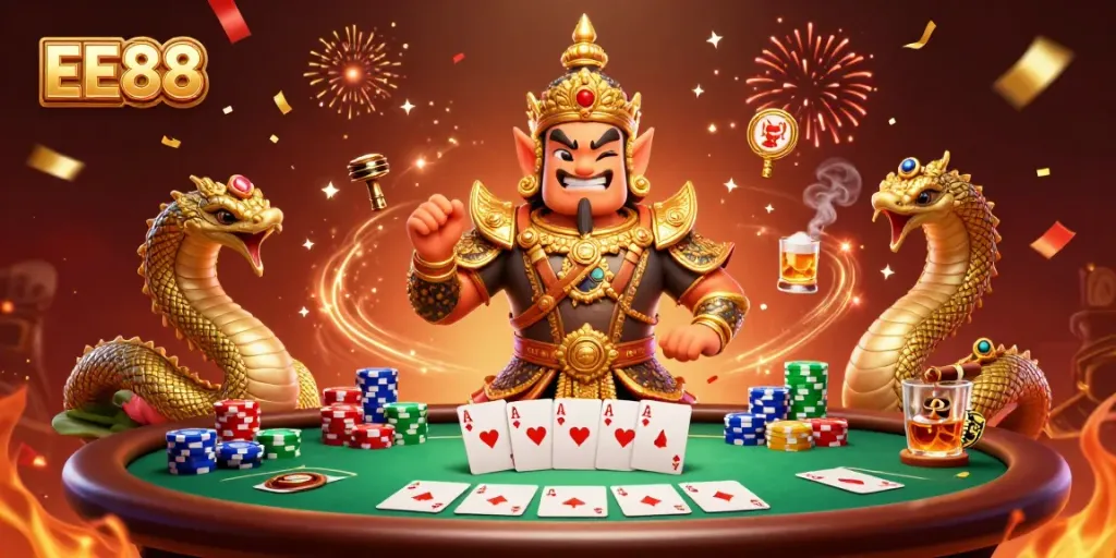 EE88 players enjoying a vibrant casino atmosphere filled with poker tables and golden decorations.