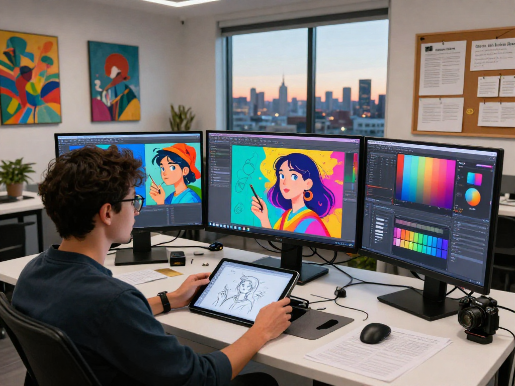 NSFW AI digital art creation in a vibrant studio setting with dynamic illustrations.