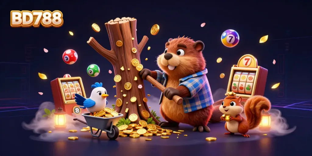 BD788 showcases an energetic scene with a cartoon beaver, bird, and squirrel surrounded by casino elements and golden coins.