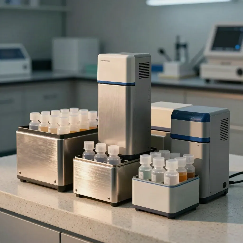 Cytometry sample racks, reagent bottles and instrument cassette on pale stone in warm rainlight