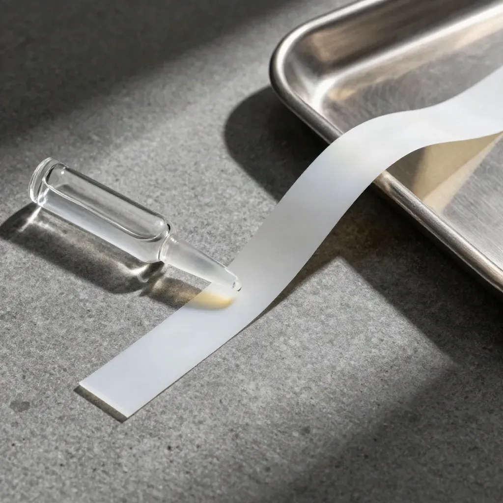 Microtube strip, reagent ampoule and steel tray on brushed stone in soft overhead light.
