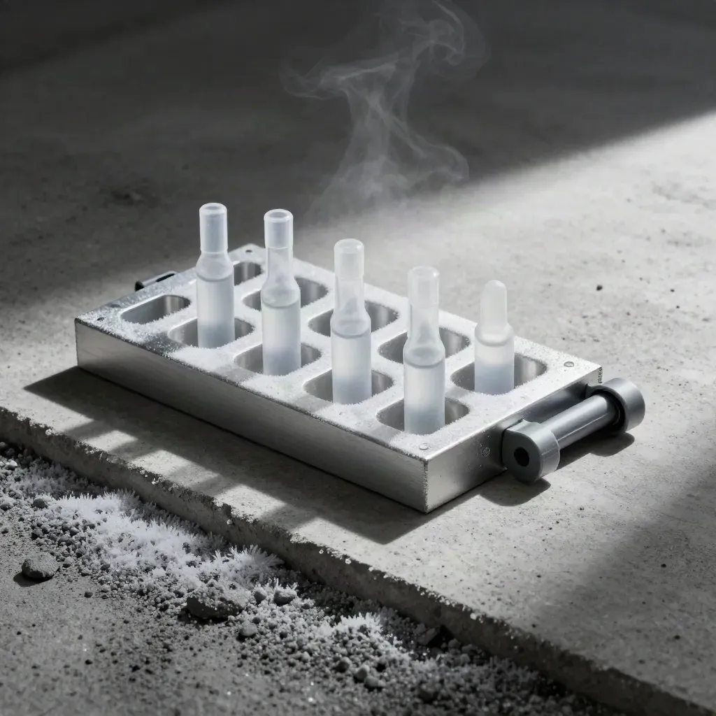 Frosted cryovials in an aluminium block with a tube clamp on pale concrete, seen from above.