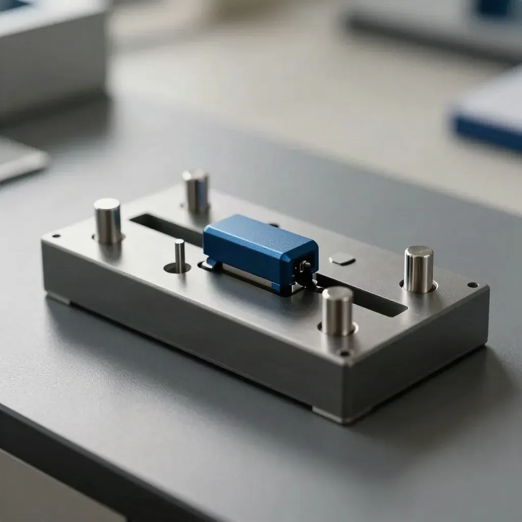 Macro of a sample rack cassette locking into place beside stainless guide pins.
