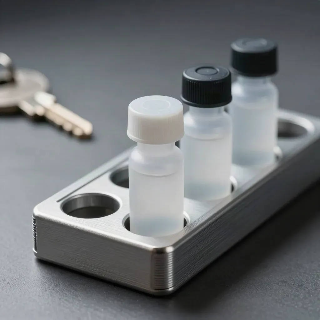 Three cryovials in an aluminium rack, one slid forward, lit dramatically on graphite.
