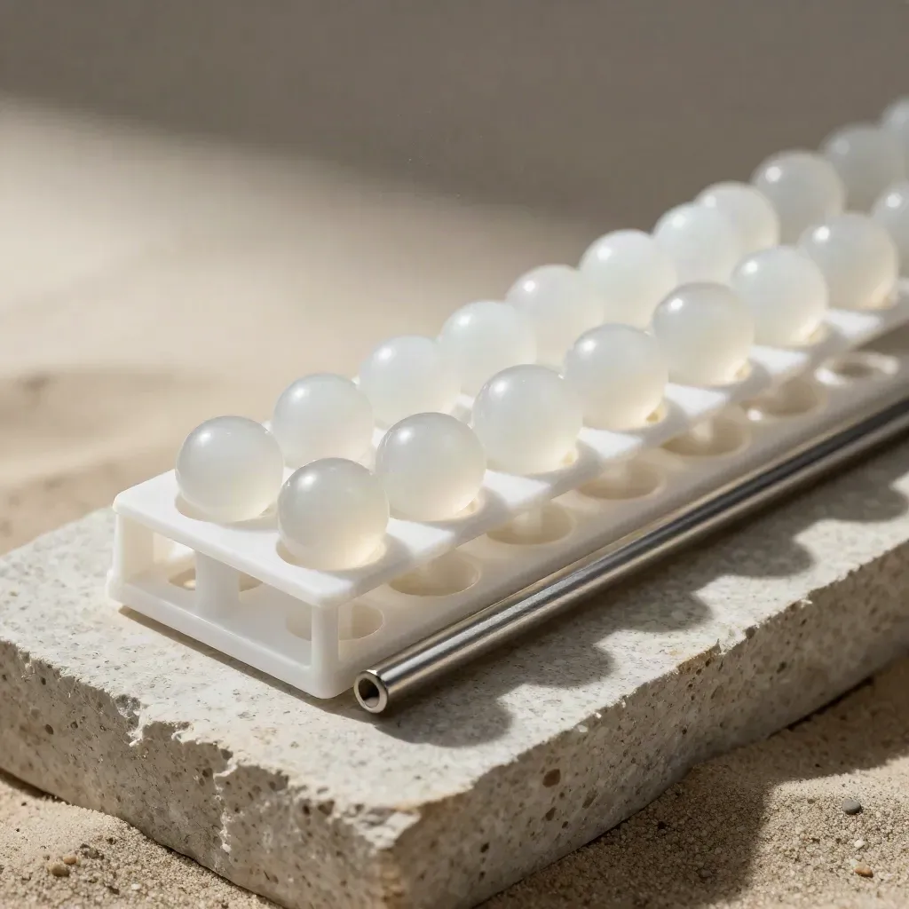 Top-down lab still life with a calibration bead vial, rack, and metal spacer on sand stone.