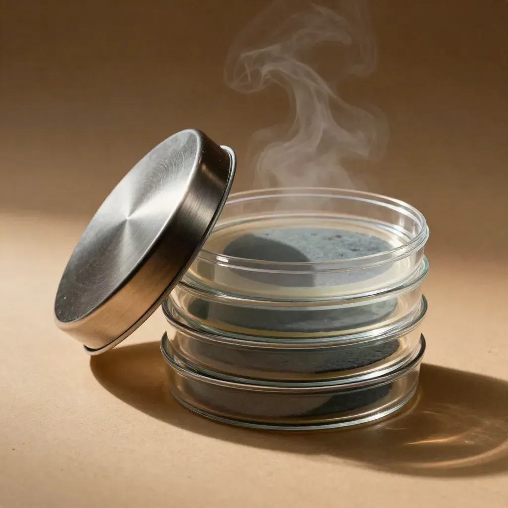 Petri dishes, steel lid and transport jar on warm plaster, lit dramatically