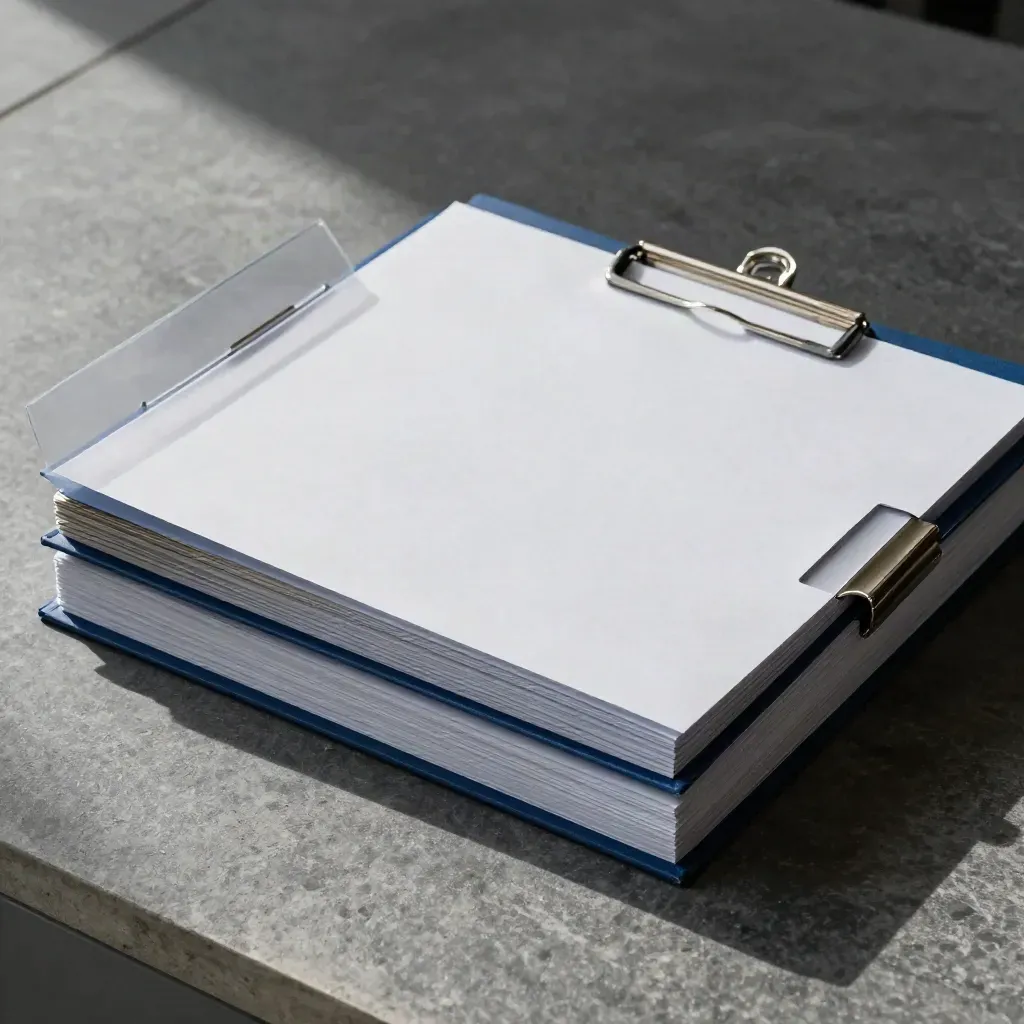 Top-down stack of blank report folders with metal clips on graphite stone, lit softly.