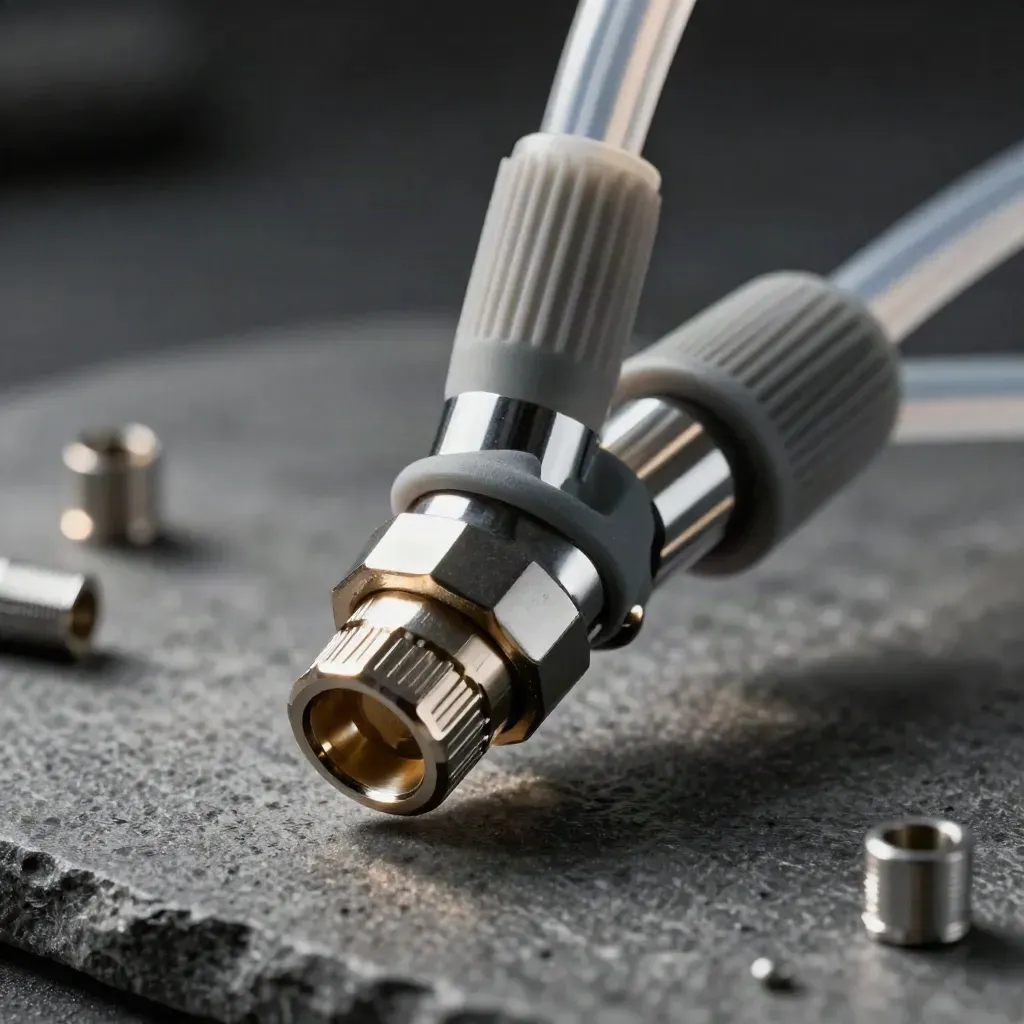 Polished lab connector twisting shut with ribbed tubing on graphite stone in soft daylight.