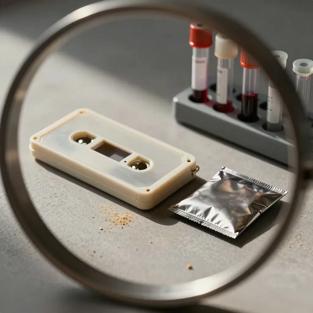 Specimen cassette, slide mailer, and blood tube rack under soft daylight on plaster.