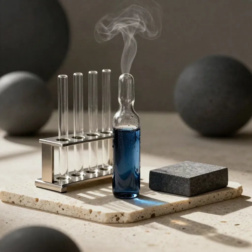 Cryovials, tube rack and cold block on warm stone in dramatic bokeh light.