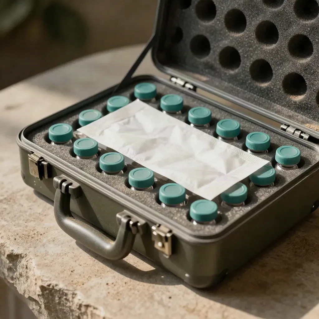 Half-open sample transport case with sealed vials and folded wrap on sand stone, side-lit