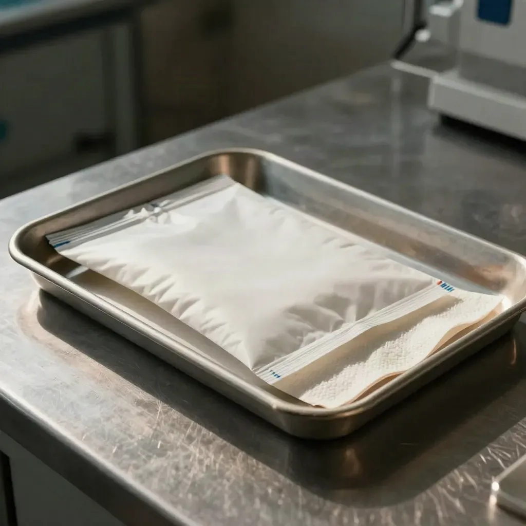 Clinical specimen tray beside a sealed slide mailer and absorbent pad on brushed metal in warm light.
