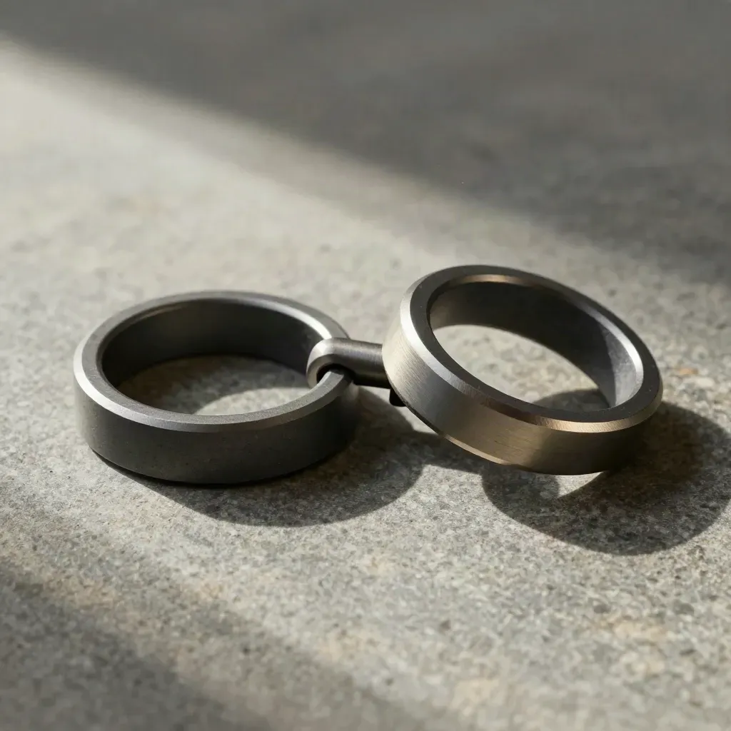 Top-down still life of machined rings, connector pins and a linking bar on graphite stone.