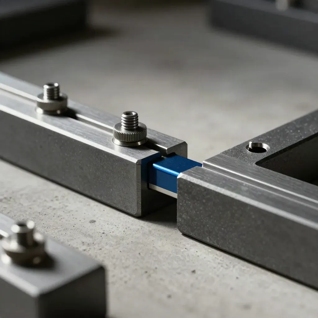 Modular alignment blocks with a bridge piece and knurled fasteners on pale concrete