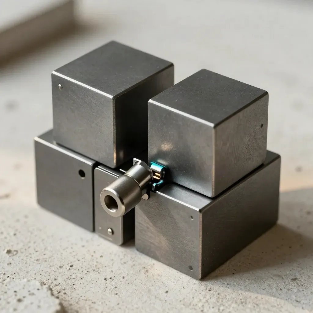 Matte metal cubes with hinge plate and teal coupler on warm plaster, top-down close-up